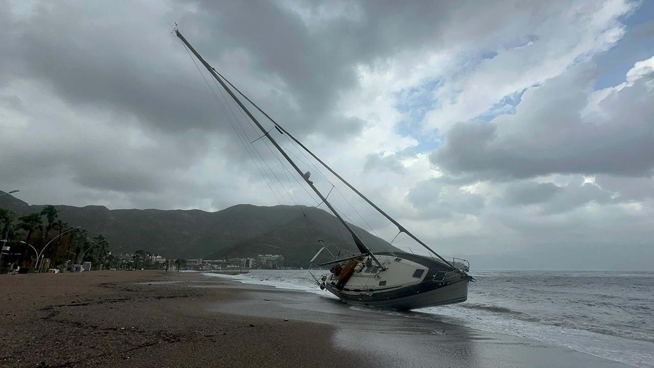 Marmaris'te fırtına kabusu: Ağaçlar devrildi, tekne karaya oturdu