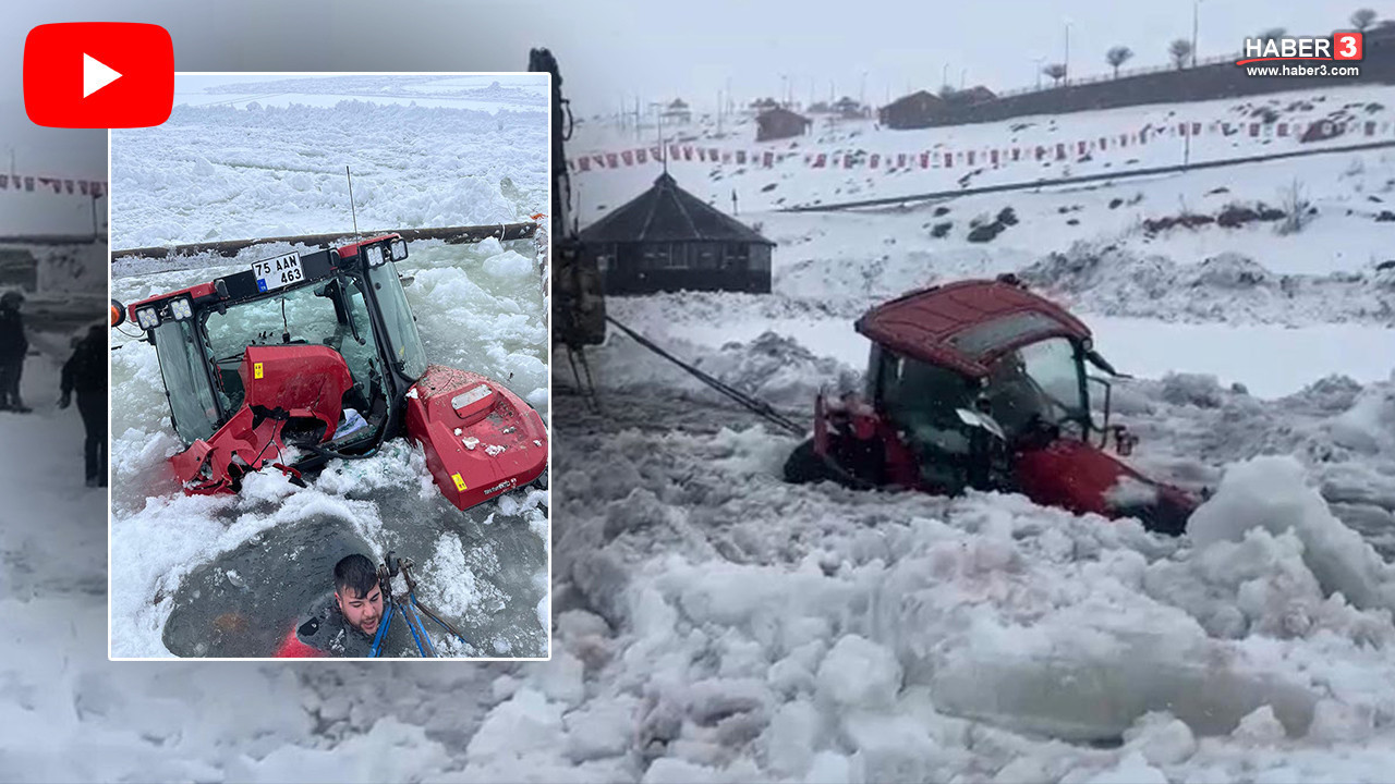 Buzu çözülen Çıldır Gölü'nde korku dolu anlar: Traktör suya gömüldü