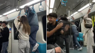Marmaray'da skandal görüntüler: Tekme tokat birbirlerine girdiler