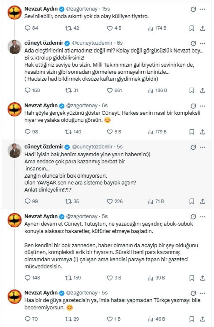 Türkiye'nin ABD'yi 3-2 yendiği tarihi maçın ardından gazeteci Cüneyt Özdemir ile Yemeksepeti kurucusu Nevzat Aydın arasında X platformunda eşine rastlanmamış küfürlü bir kavga yaşandı. Aydın'ın Özdemir'in gol sevincine 