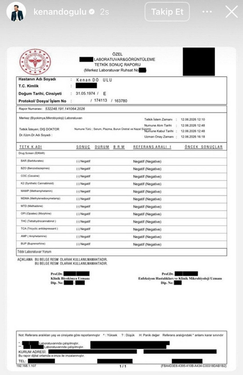 Ünlü isimlere yönelik 11 Haziran'da düzenlenen uyuşturucu operasyonunda gözaltına alınan ve testinin pozitif çıktığı belirtilen Kenan Doğulu sessizliğini bozdu. İddiaları yalanlayan 52 yaşındaki şarkıcı, Sağlık Bakanlığı onaylı bir laboratuvarda kendi yaptırdığı idrar testinin negatif çıktığını açıkladı.