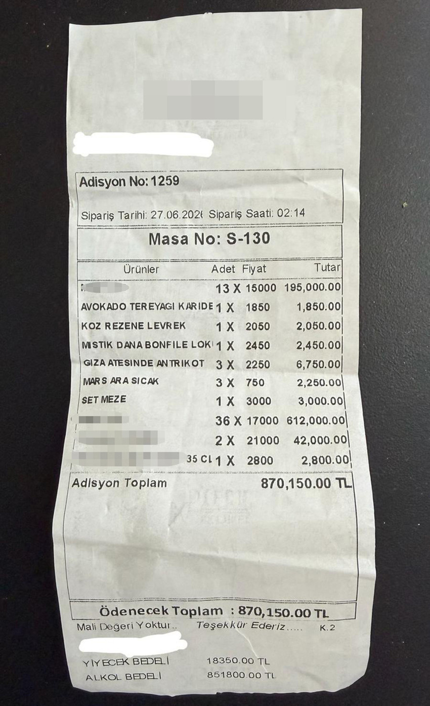 İzmir'in Çeşme ilçesi Alaçatı beldesindeki lüks bir eğlence mekanında ödenen 870 bin 150 TL'lik adisyon sosyal medyanın bir numaralı gündem maddesi oldu. Faturanın 851 bin TL'sinin 49 şişe şampanya ve premium viskilerden oluştuğu ortaya çıkarken, işletme sahibi F.E. eleştirilere yanıt verdi.