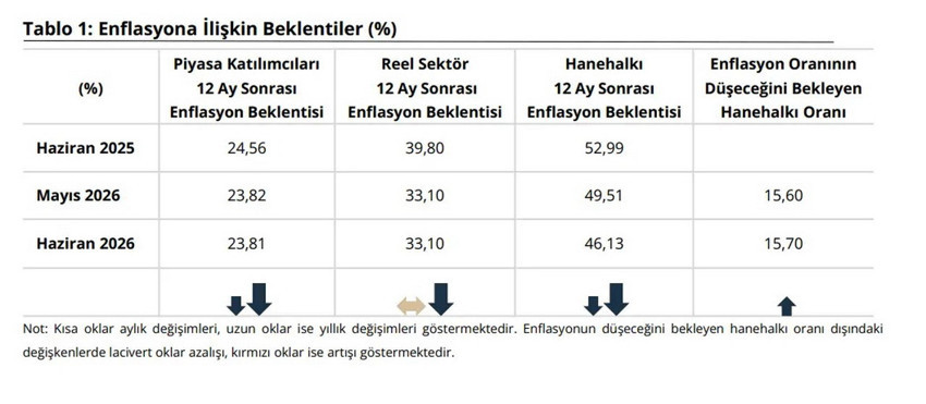 Türkiye Cumhuriyet Merkez Bankası (TCMB) haziran ayı Sektörel Enflasyon Beklentisi anket sonuçlarını açıkladı. Verilere göre hanehalkının 12 ay sonrası enflasyon beklentisi 3,38 puan azalarak yüzde 46,13 seviyesine indi.