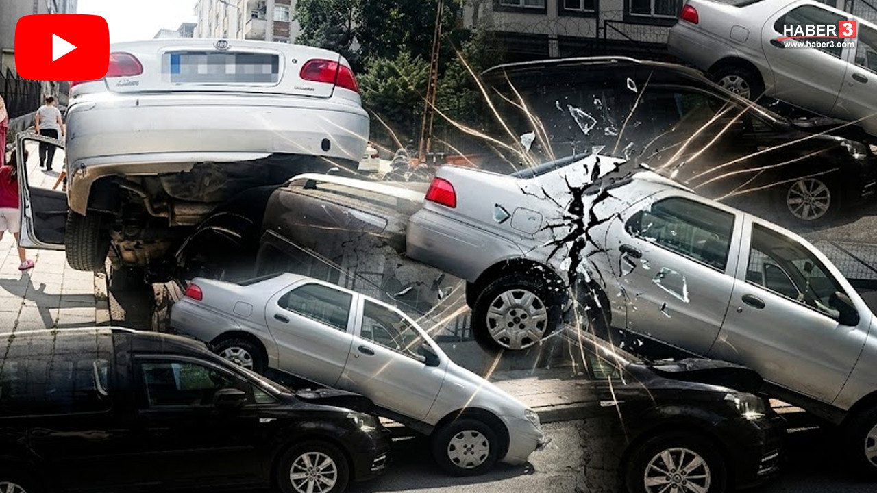 İstanbul Küçükçekmece'de dik bir rampada kontrolden çıkan otomobilin park halindeki hafif ticari aracın üzerine çıktığı kaza anı.