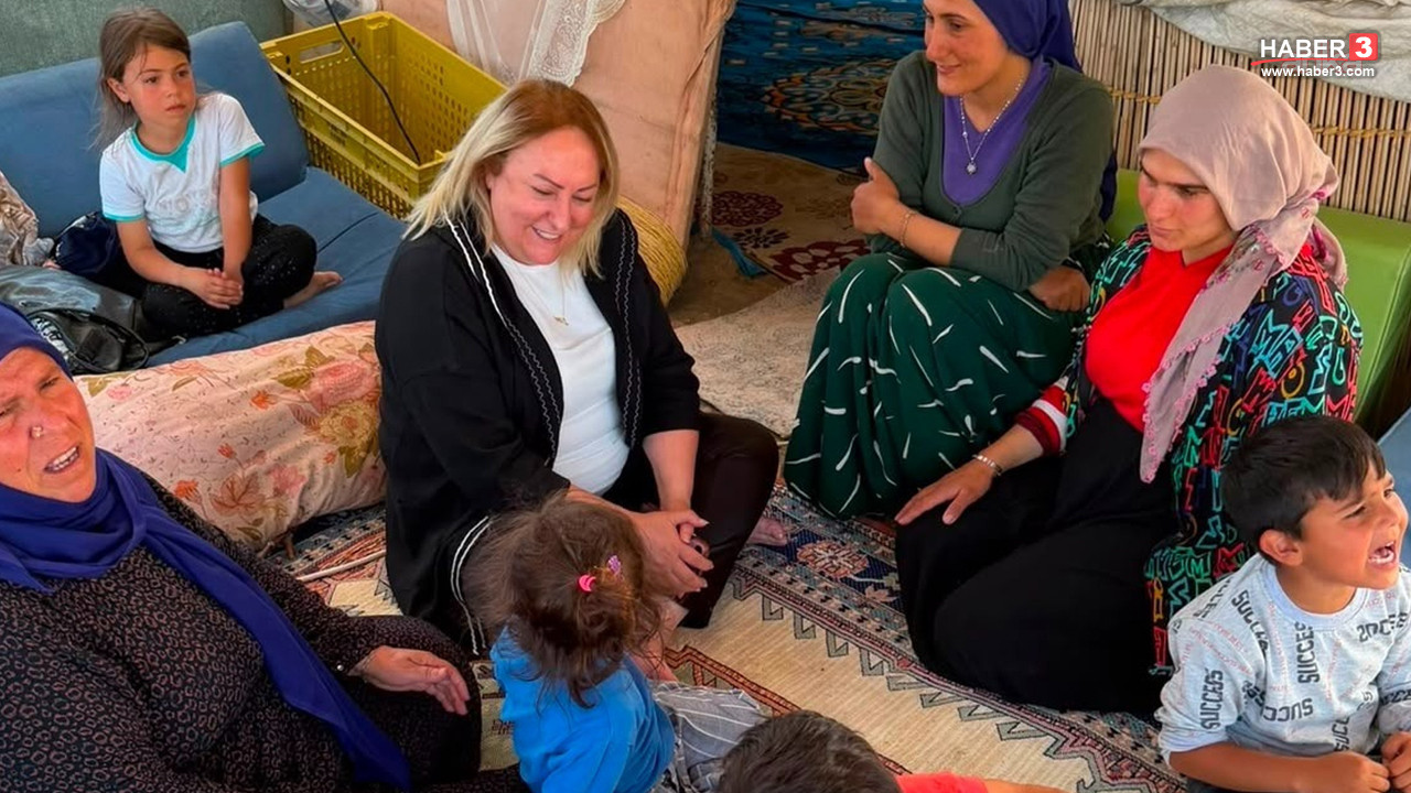 CHP Kadın Kolları Genel Başkanı Ayten Gülsever'in mevsimlik tarım işçilerinin çadırlarını ziyaretinden bir görüntü.