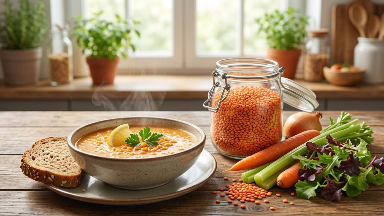 Kırmızı mercimek çorbası ve yanında limon ile servis ediliyor.