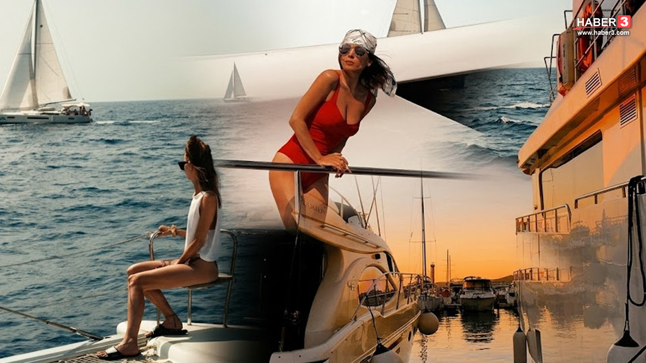 Bodrum'da bir yatın yanında duran deniz taksisi ve tatilciler.