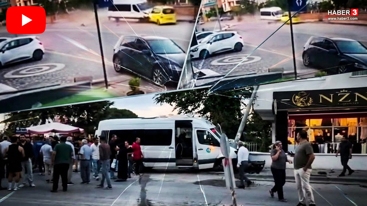 Trafikte dehşet anları: Freni patlayan minibüs taksiyi önüne katıp direğe çarptı!